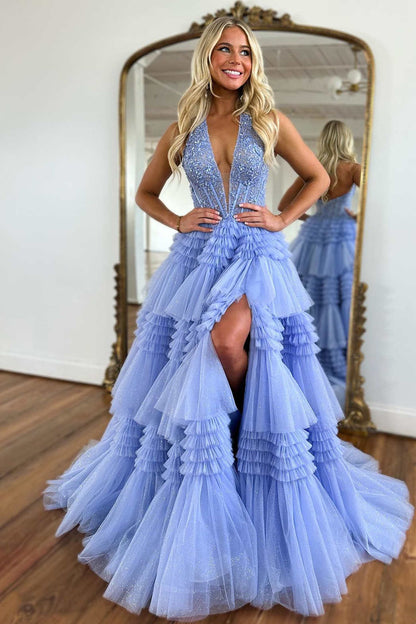 Red Halter Deep V Appliques Ruffle Layer Tulle Prom Ball Gown