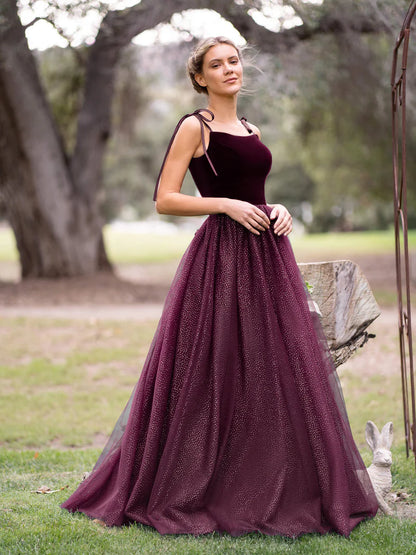 Navy Blue Spagatti Straps Velvet Tulle Floor Length Prom Dress