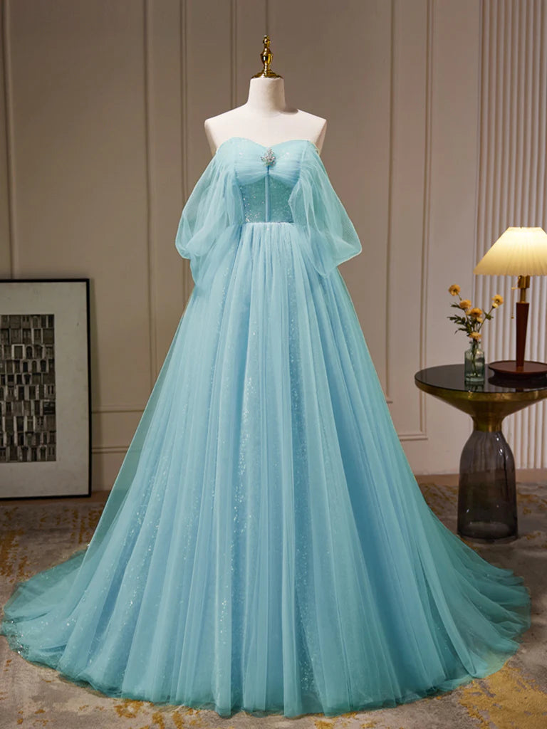 Sequins/Sparkling A-Line Off Shoulder Tulle Blue Long Prom Dress Evening Dress
