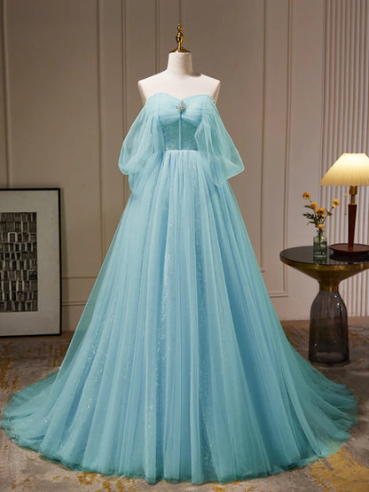 Sequins/Sparkling A-Line Off Shoulder Tulle Blue Long Prom Dress Evening Dress