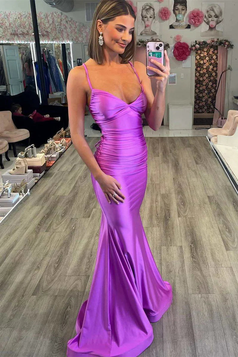 Mermaid V-Neck Jersey Formal Dress with Lace-Up Back Prom Dress