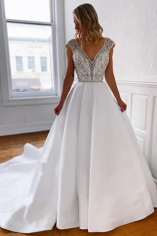White A-Line V-Neck Long Backless Wedding Dress with Silver Beads