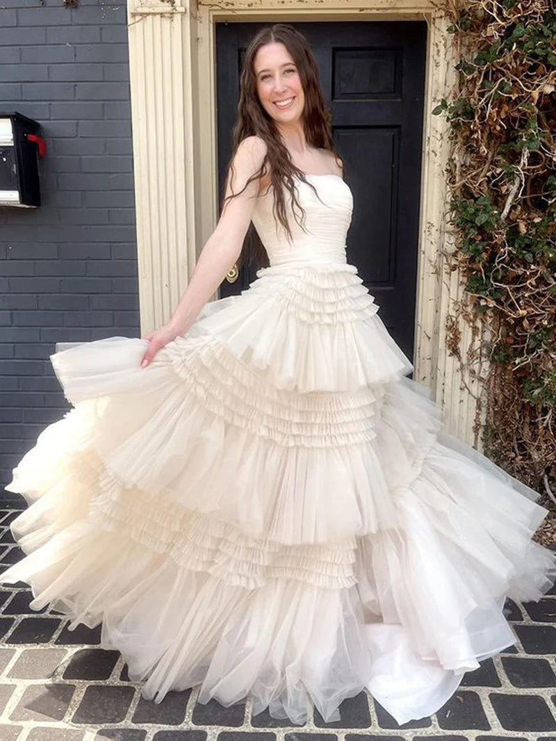 A-Line Strapless Tulle Long Prom Dress Tiered Ruffles With Slit