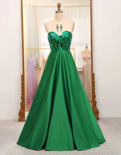 Dark Green A Line Sweetheart Satin Mirror Long Prom Dress