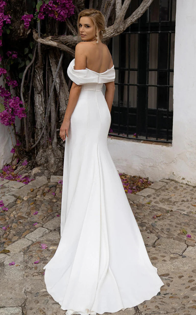 Sheath Mermaid Satin Off-the-Shoulder Sheath Wedding Dress with Slit