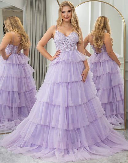 Lilac A Line V-Neck Lace Tiered Tulle Long Prom Dress With Appliques Princess Dress