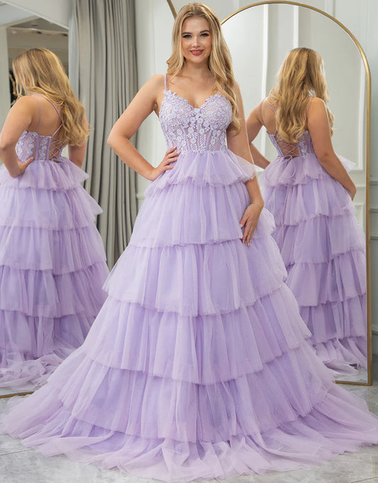 Lilac A Line V-Neck Lace Tiered Tulle Long Prom Dress With Appliques Princess Dress