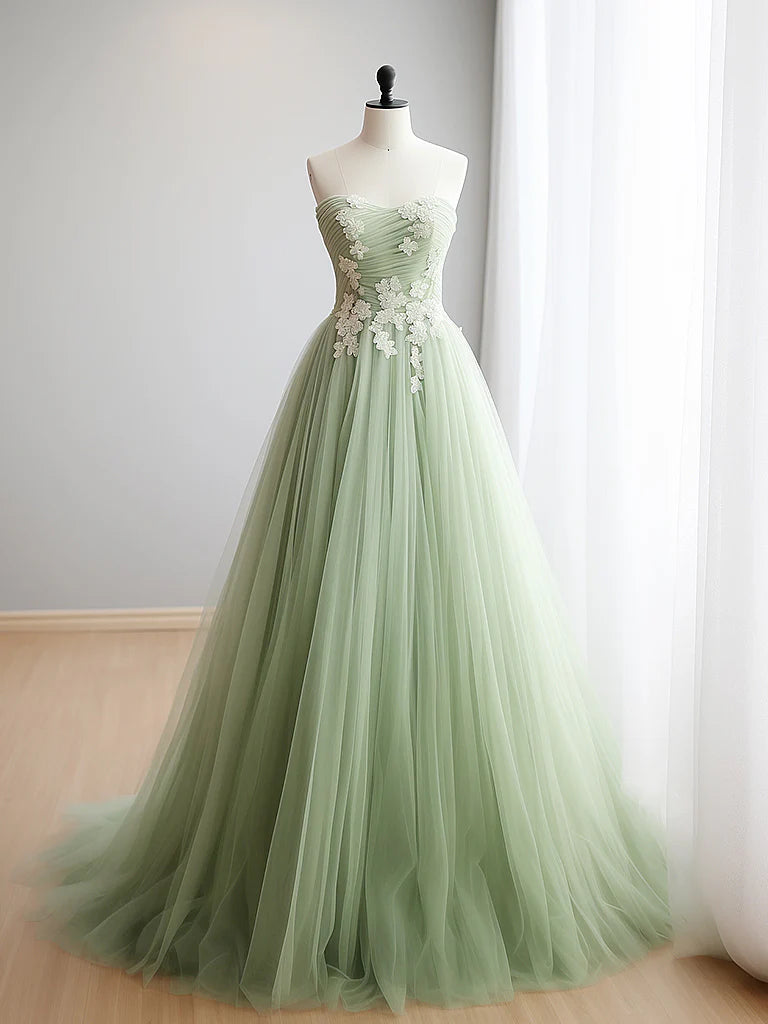 A-Line Sweetheart Neck Tulle Lace Applique Green Long Prom Dress Princess Dress
