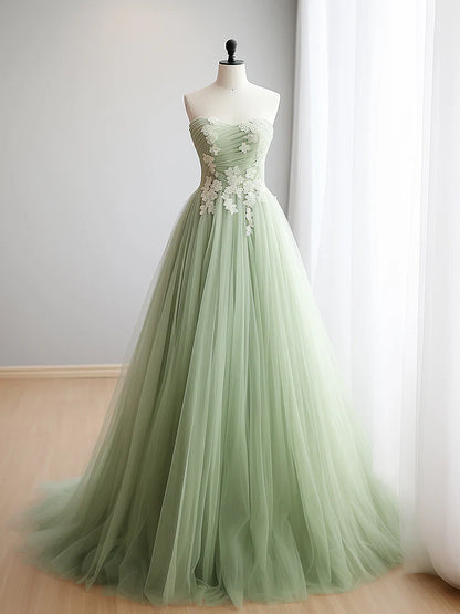 A-Line Sweetheart Neck Tulle Lace Applique Green Long Prom Dress Princess Dress