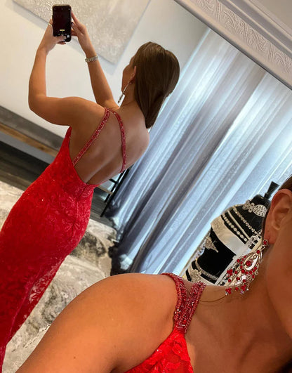 Red One Shoulder Side Slit Red Lace Prom Dress