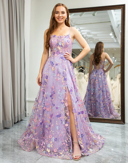 A Line Spaghetti Strap Appliqued Lace Floor-length Prom Dress With Slit