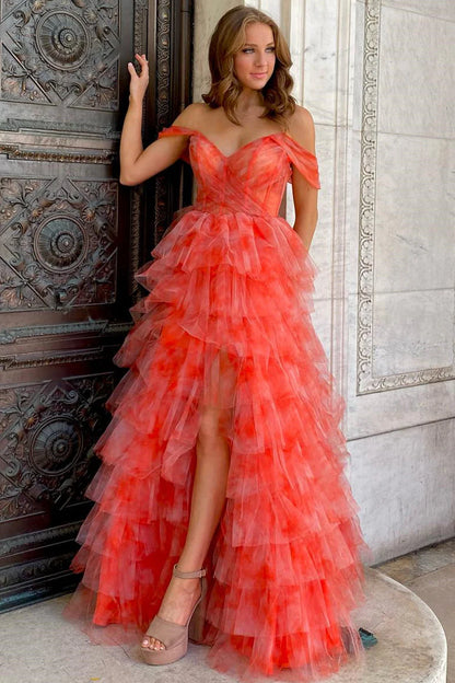 Off the Shoulder Coral Print Tiered Long Prom Dress With Slit