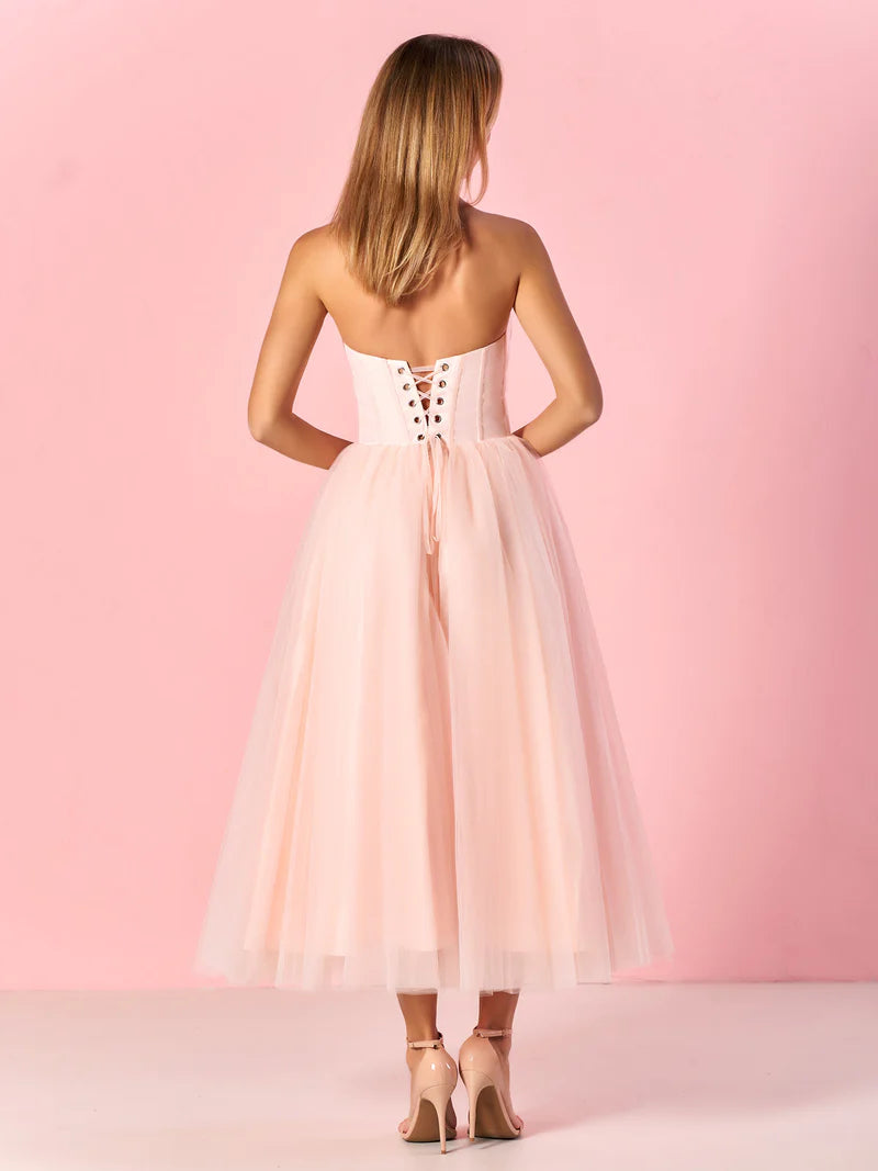 Cute A-Line Strapless Puffy Midi Tulle Dress Prom Dress