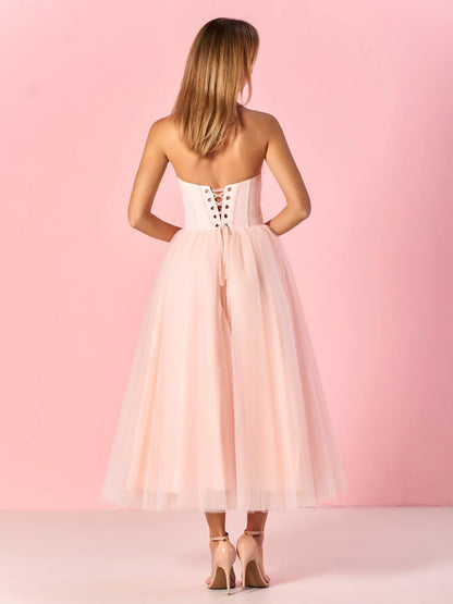 Cute A-Line Strapless Puffy Midi Tulle Dress Prom Dress
