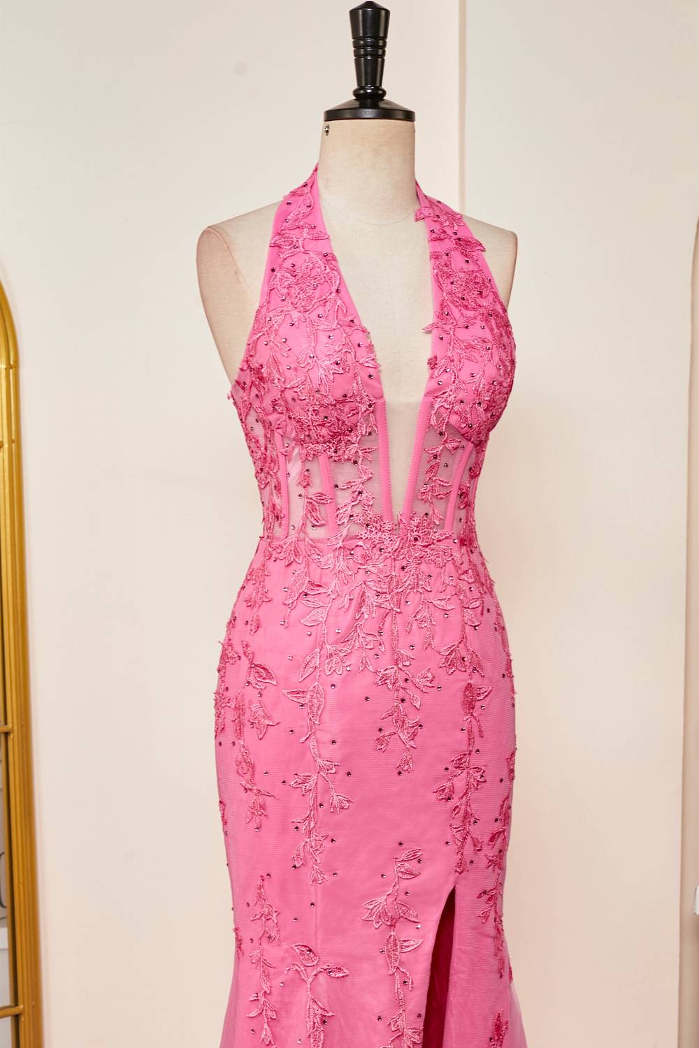 Mermaid Corset Hot Pink Halter Tulle Appliques Long Prom Dress with Slit