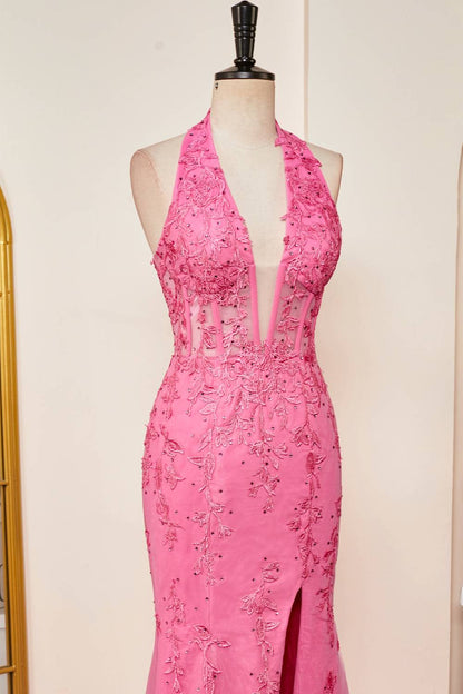 Mermaid Corset Hot Pink Halter Tulle Appliques Long Prom Dress with Slit