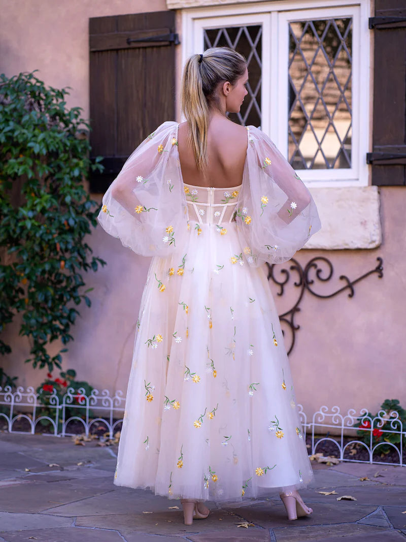 Champagne Sweetheart Neck Embroidered Lace Maxi Length Tulle Gown