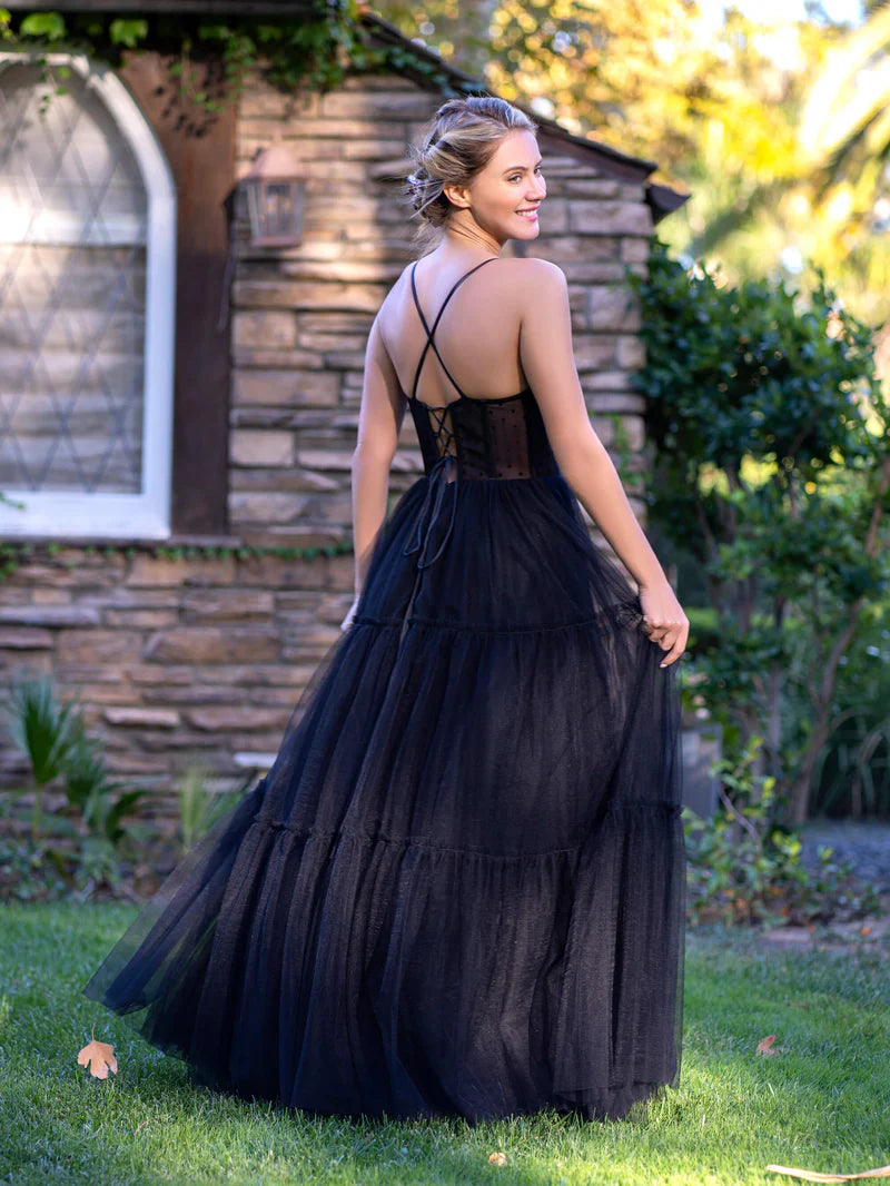 Black A-Line Corset Dotted Tulle Spaghetti Straps Floor Length Prom Dress