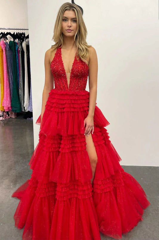 Red Halter Deep V Appliques Ruffle Layer Tulle Prom Ball Gown