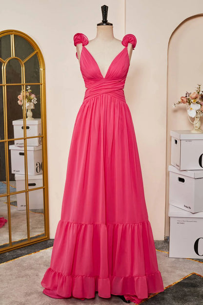 V-Neck Hot Pink Ruffled Straps A-Line Prom Dress