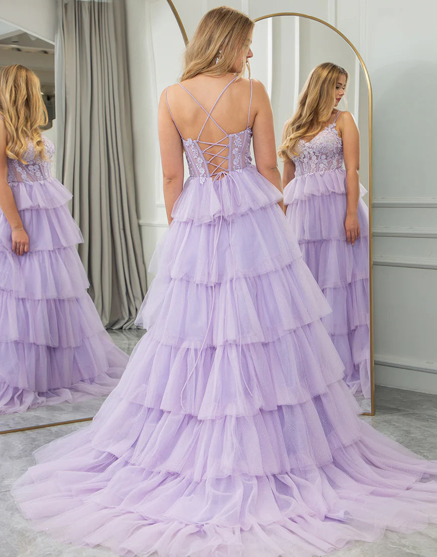 Lilac A Line V-Neck Lace Tiered Tulle Long Prom Dress With Appliques Princess Dress