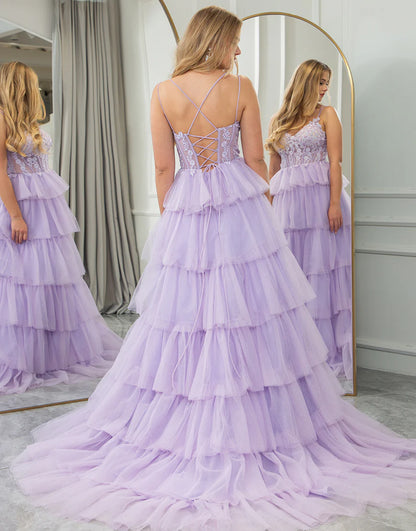 Lilac A Line V-Neck Lace Tiered Tulle Long Prom Dress With Appliques Princess Dress