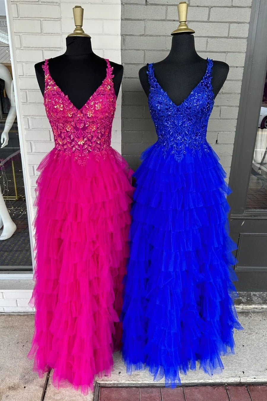 Magenta A-Line V-Neck Lace Appliques Layered Tulle Prom Dress