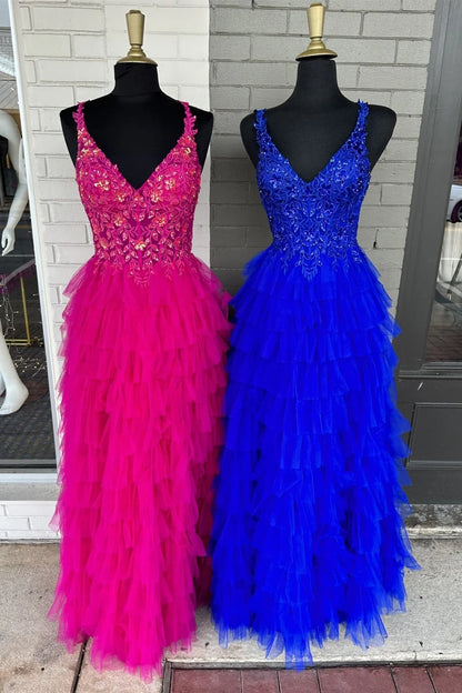 Magenta A-Line V-Neck Lace Appliques Layered Tulle Prom Dress