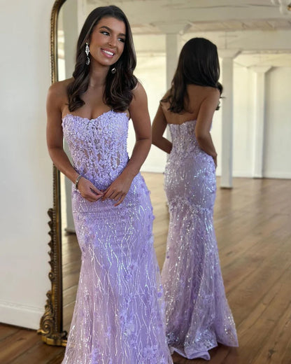 Lavender Mermaid Strapless Sequined Lace Prom Dress