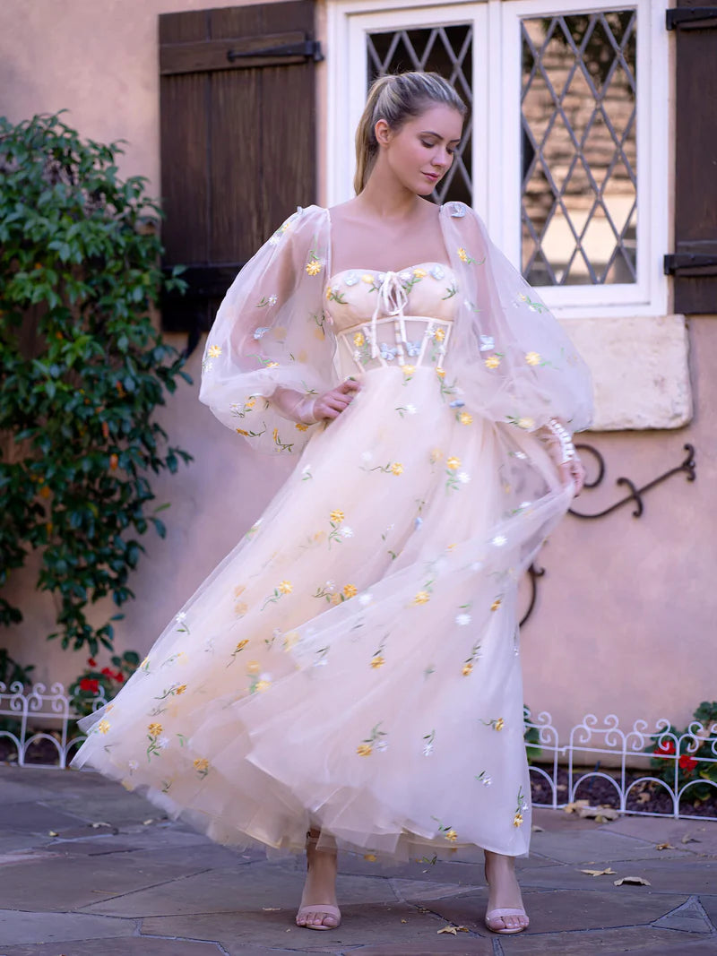 Champagne Sweetheart Neck Embroidered Lace Maxi Length Tulle Gown