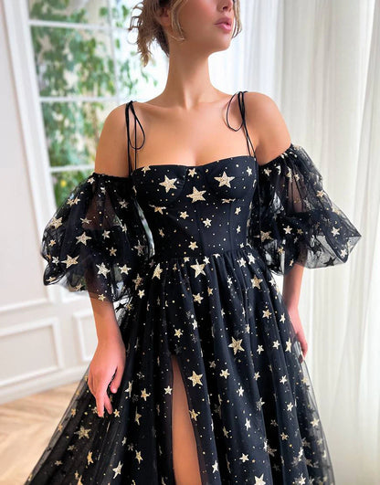 A-Line Side Slit Black Tulle Long Prom Dress with Stars