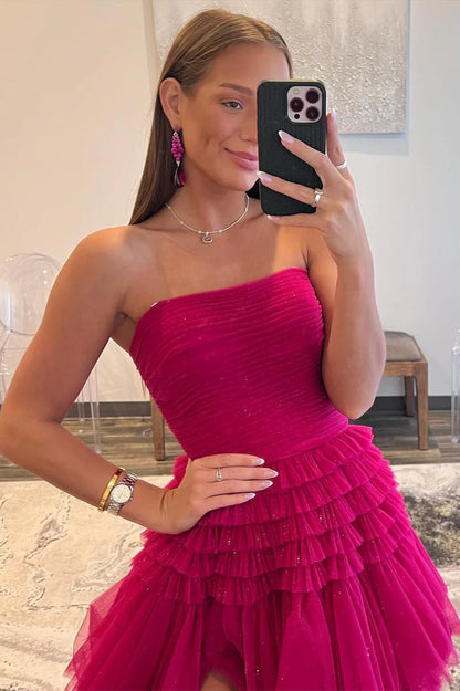 A-Line Strapless Tulle Long Prom Dress Tiered Ruffles With Slit