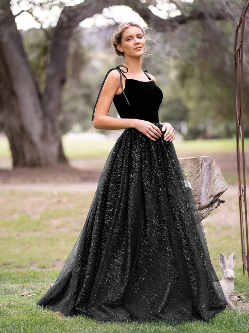 Navy Blue Spagatti Straps Velvet Tulle Floor Length Prom Dress