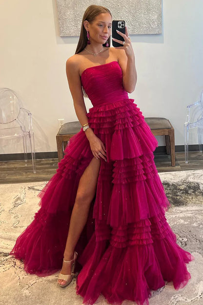 A-Line Strapless Tulle Long Prom Dress Tiered Ruffles With Slit