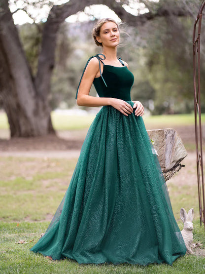 Navy Blue Spagatti Straps Velvet Tulle Floor Length Prom Dress