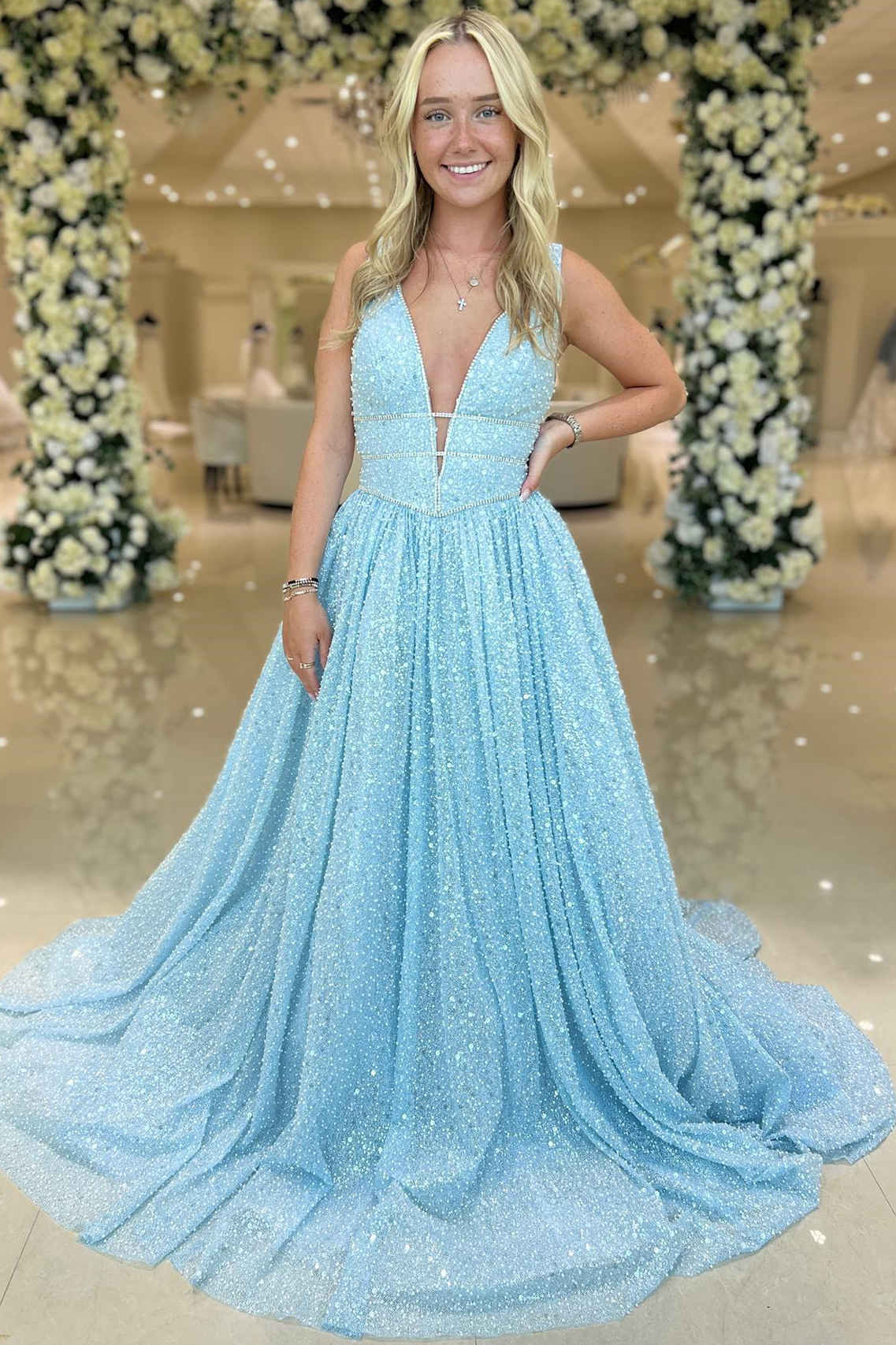 Light Blue Beaded Deep V  A-Line Formal Dress Prom Dress