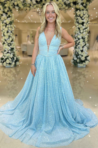 Light Blue Beaded Deep V  A-Line Formal Dress Prom Dress