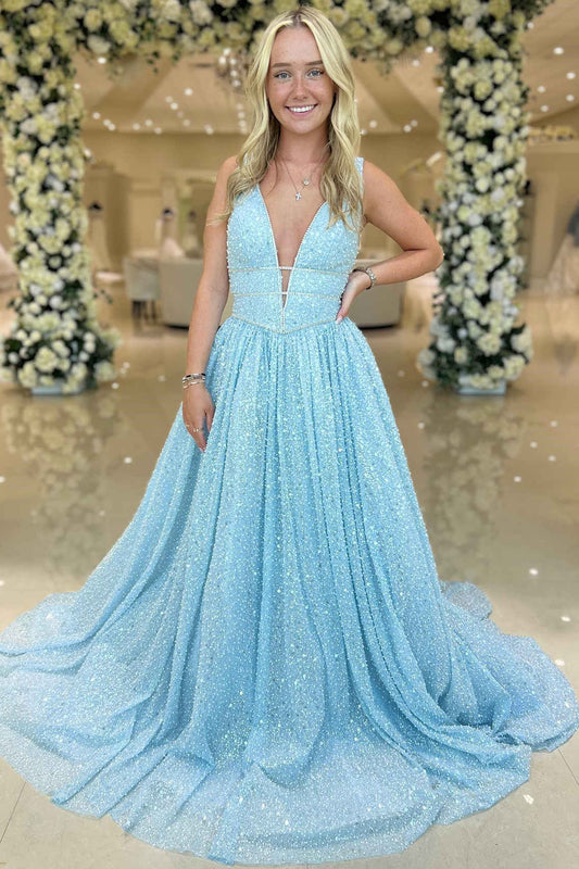 Light Blue Beaded Deep V  A-Line Formal Dress Prom Dress