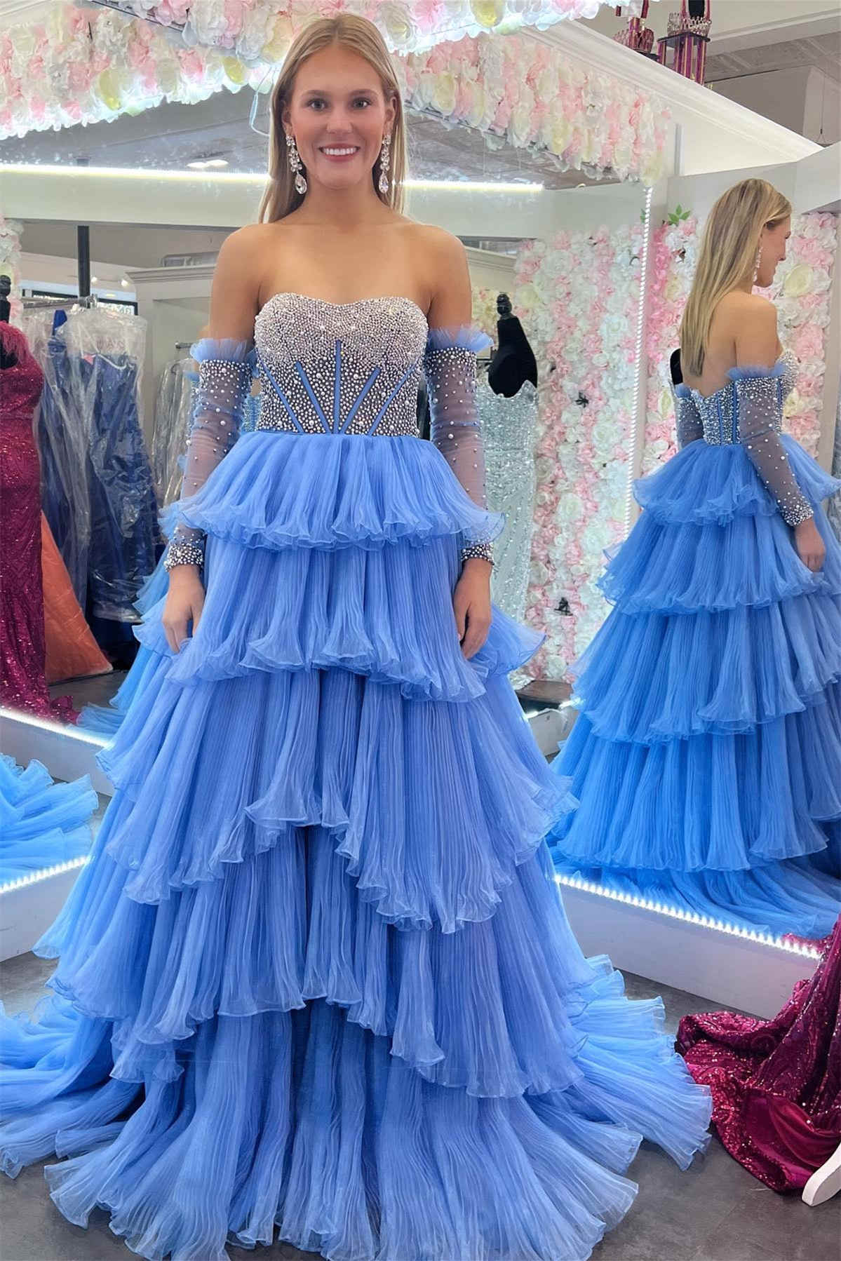 Strapless Beaded Top Ruffled Long Prom Dress