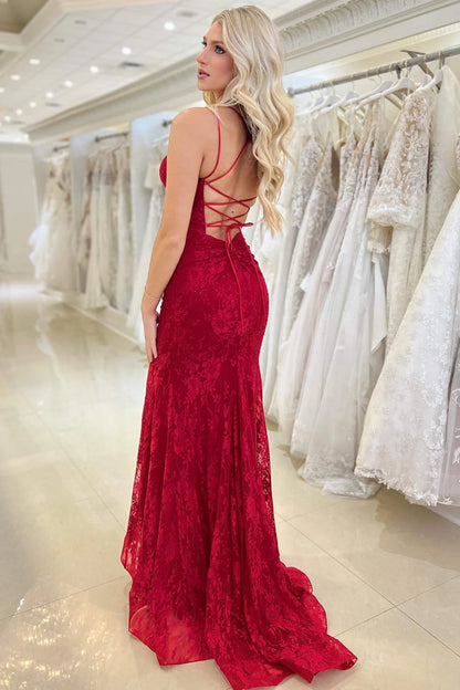 Straps Backless V-Neck Red Lace Mermaid Prom Dress