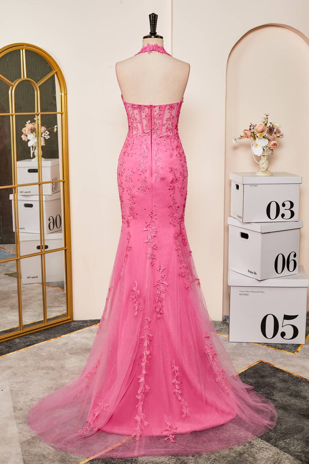 Mermaid Corset Hot Pink Halter Tulle Appliques Long Prom Dress with Slit