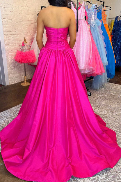 Fuchsia Strapless Beaded A-Line Long Prom Dresss Court Train Dresses