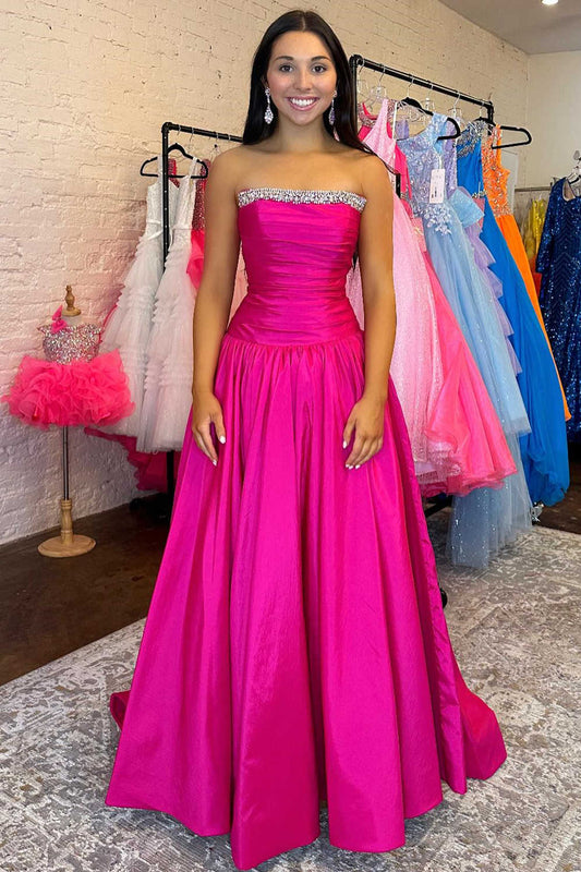 Fuchsia Strapless Beaded A-Line Long Prom Dresss Court Train Dresses