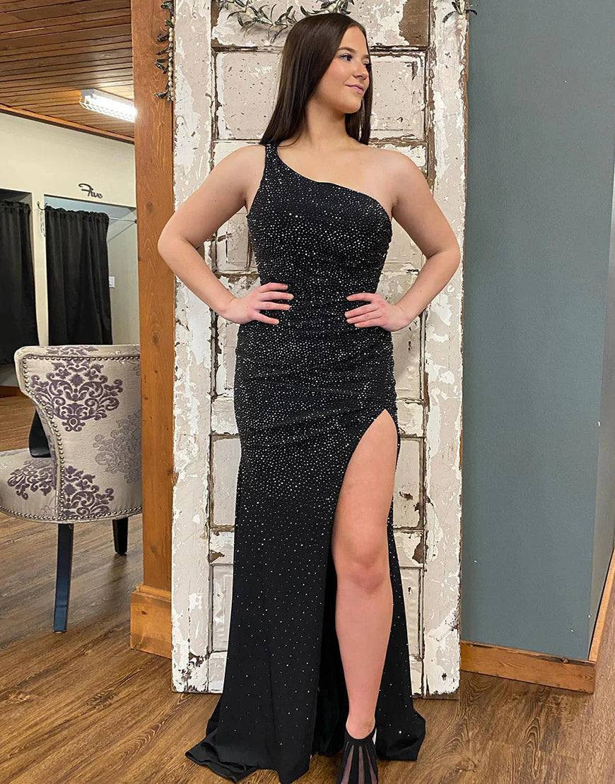 Red One Shoulder Prom Dress with Split