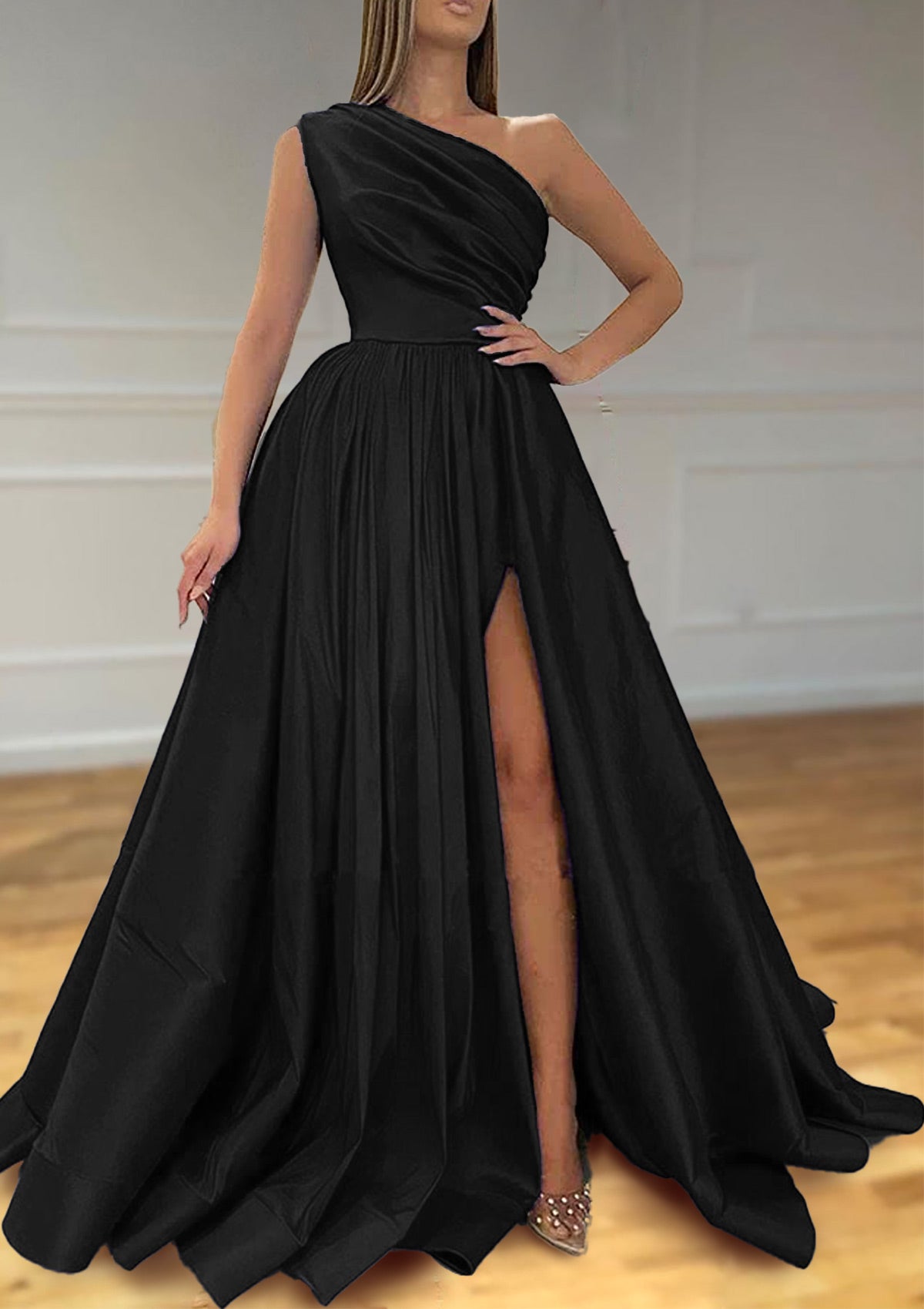 A-line One-Shoulder Satin Prom Dress With Pleated Split