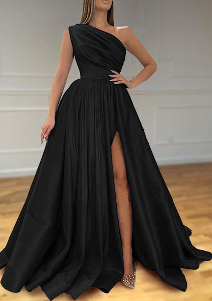 A-line One-Shoulder Satin Prom Dress With Pleated Split