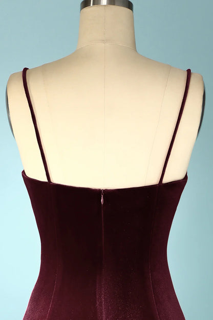 Burgundy Velvet Spaghetti Strap Floor-length Evening Prom Dress