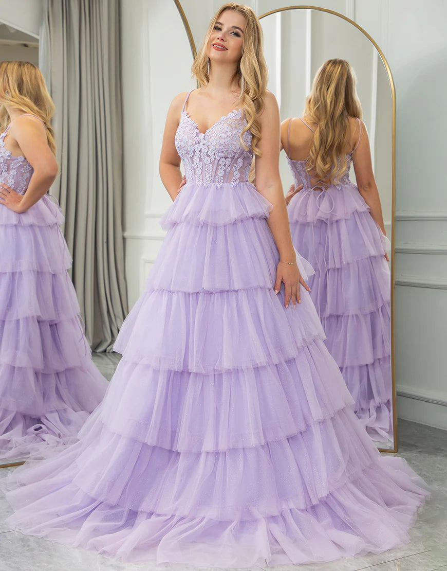 Lilac A Line V-Neck Lace Tiered Tulle Long Prom Dress With Appliques Princess Dress
