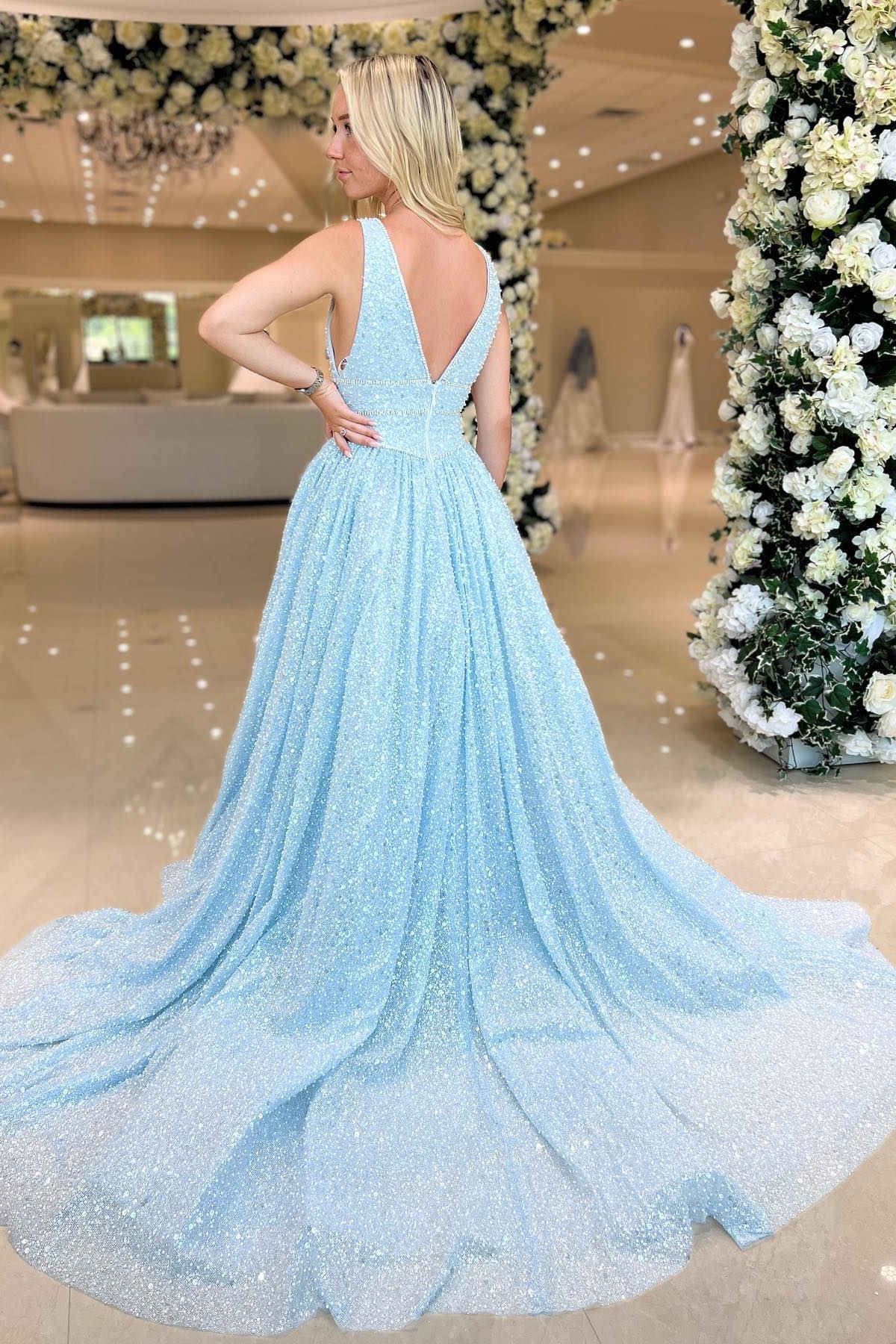 Light Blue Beaded Deep V  A-Line Formal Dress Prom Dress