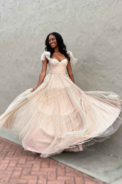 Straps Sweetheart Cute A-Line Swiss Dot Tulle Prom Dress with Bow Tie